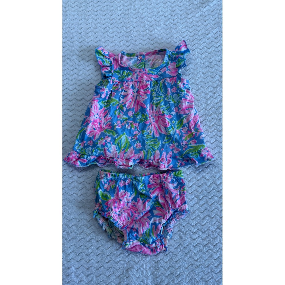 Lilly Pulitzer Baby Girls Pink Blue Floral Ruffle Top and Bloomers Set 3-6M